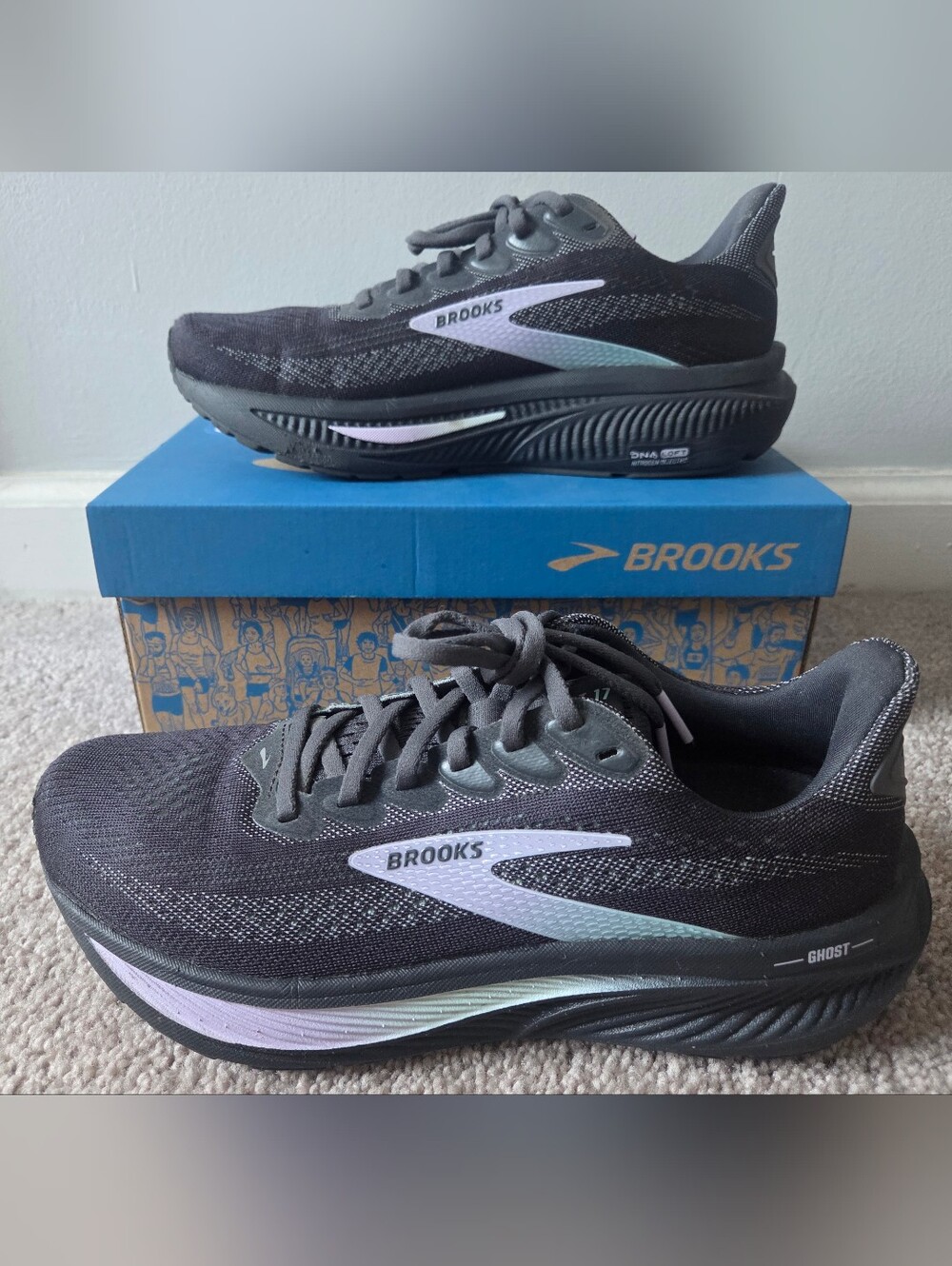 Brooks Ghosts Women’s Black Running Shoes with Mint and Light Purple Accents